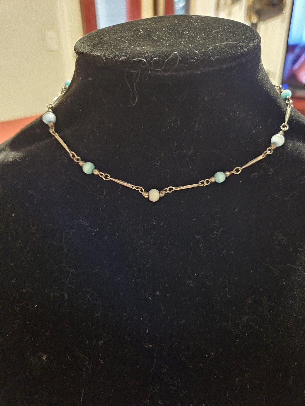 Silver-Tone Choker Necklace with Light Aqua Beads
